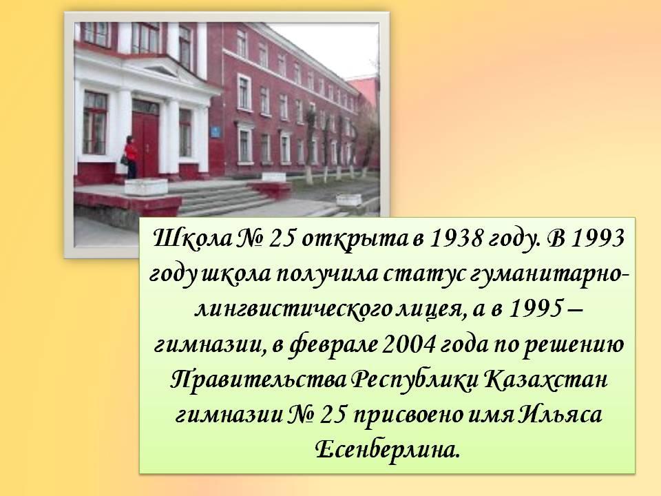 Information о КГУ "Gymnasium №25 им. И. Есенберлина"