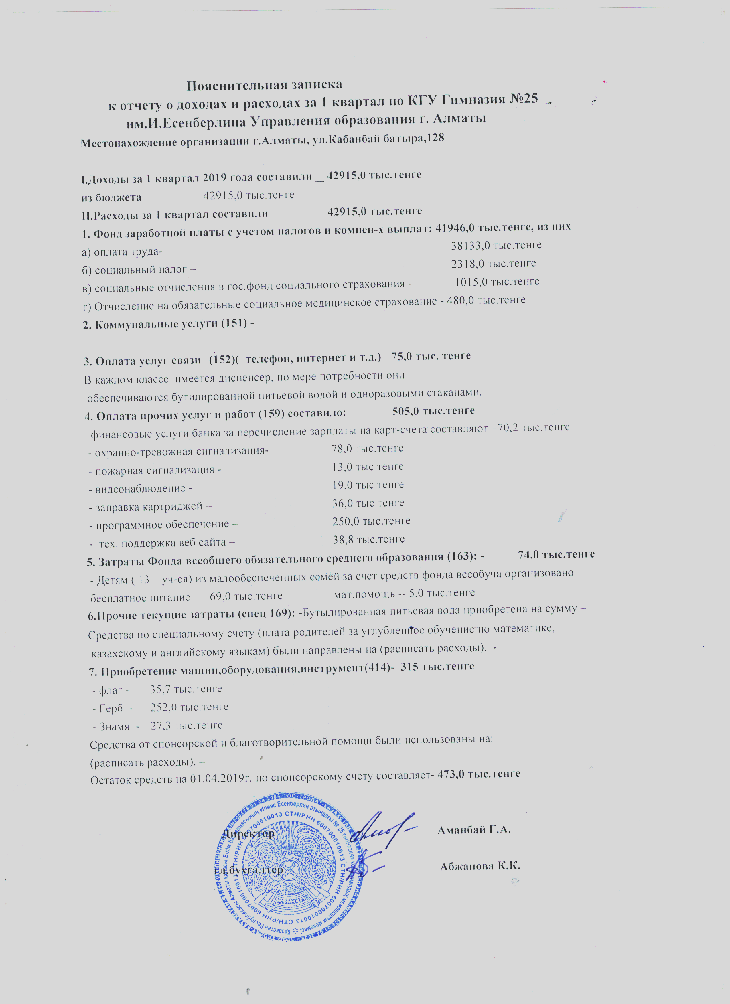 Statement of income and expenses за 1 квартал 2019 года