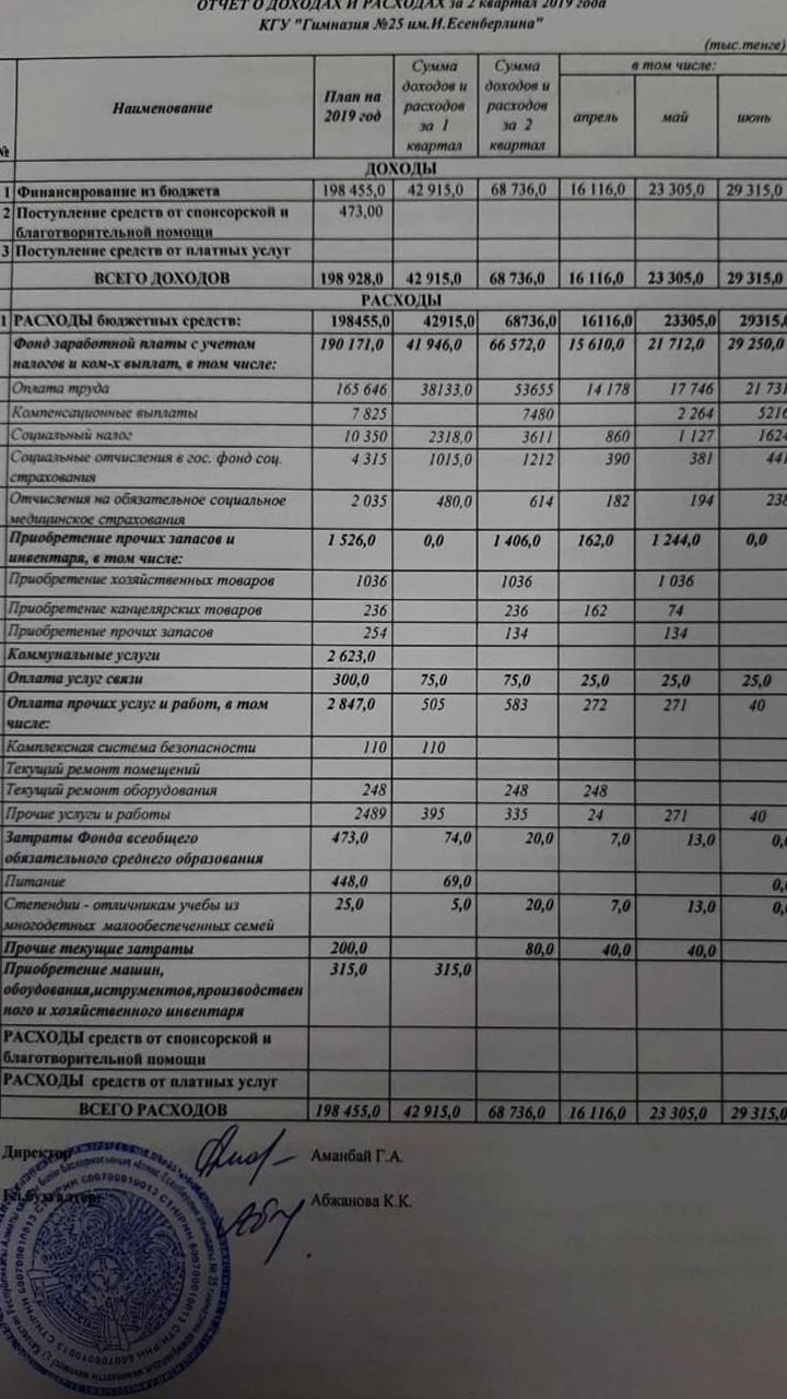 Statement of income and expenses за 2 квартал 2019 года