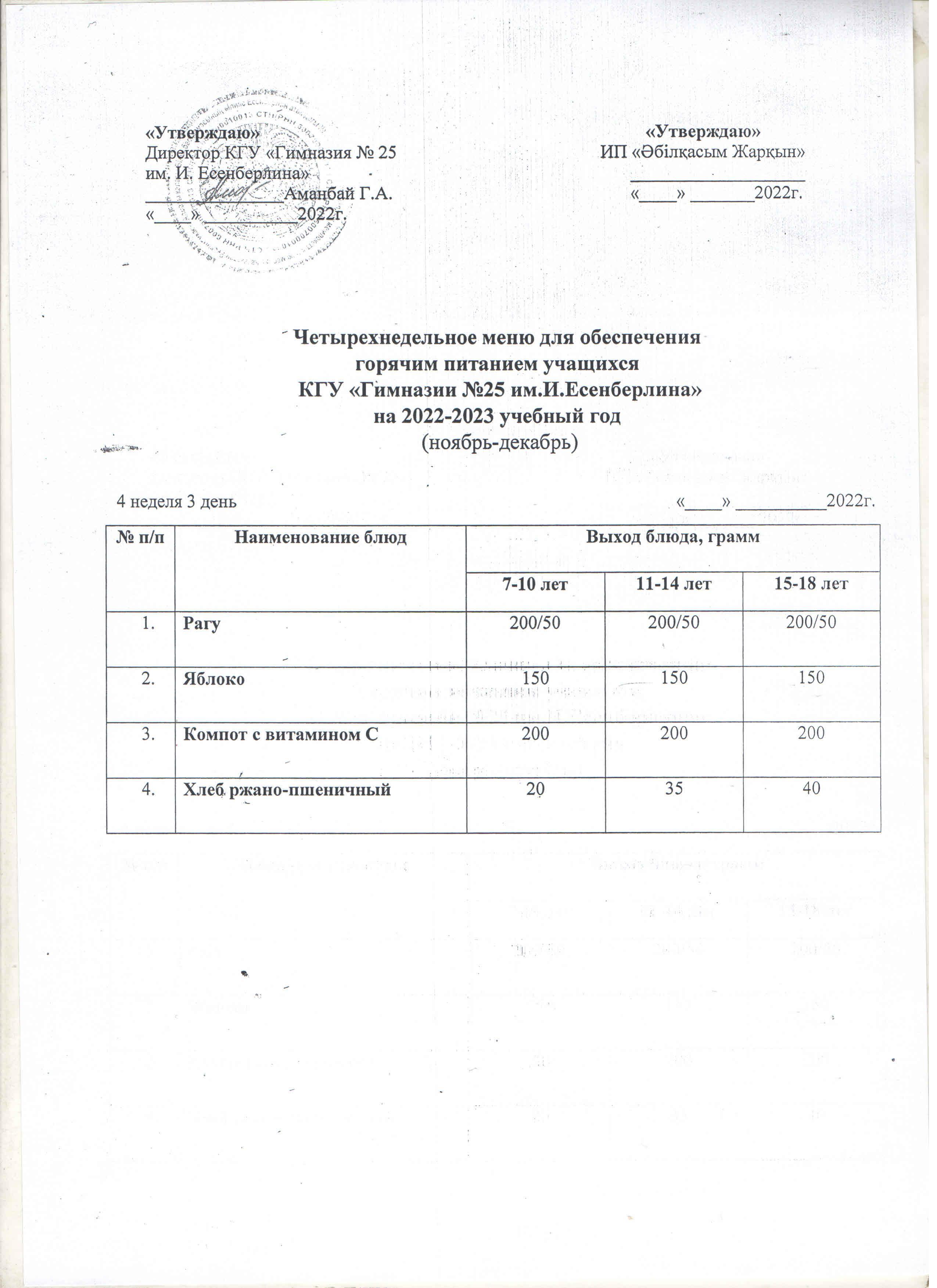 2022-2023 оқу жылына оқушылардың тегін ыстық тамағын ұйымдастыруға арналған тағамдар мәзірі/Меню блюд для организации бесплатного горячего питания учащихся на 2022-2023 учебный год