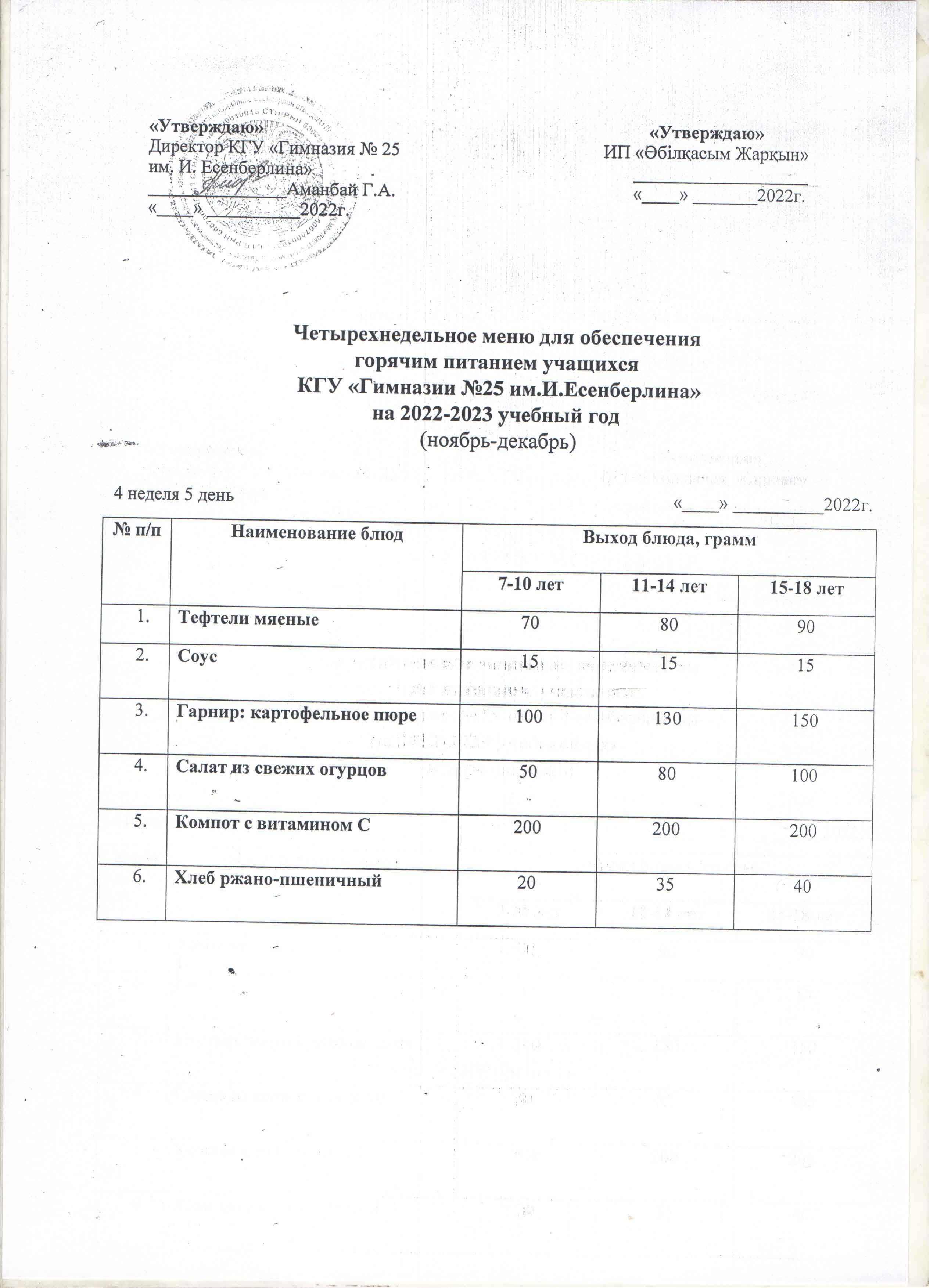 2022-2023 оқу жылына оқушылардың тегін ыстық тамағын ұйымдастыруға арналған тағамдар мәзірі/Меню блюд для организации бесплатного горячего питания учащихся на 2022-2023 учебный год