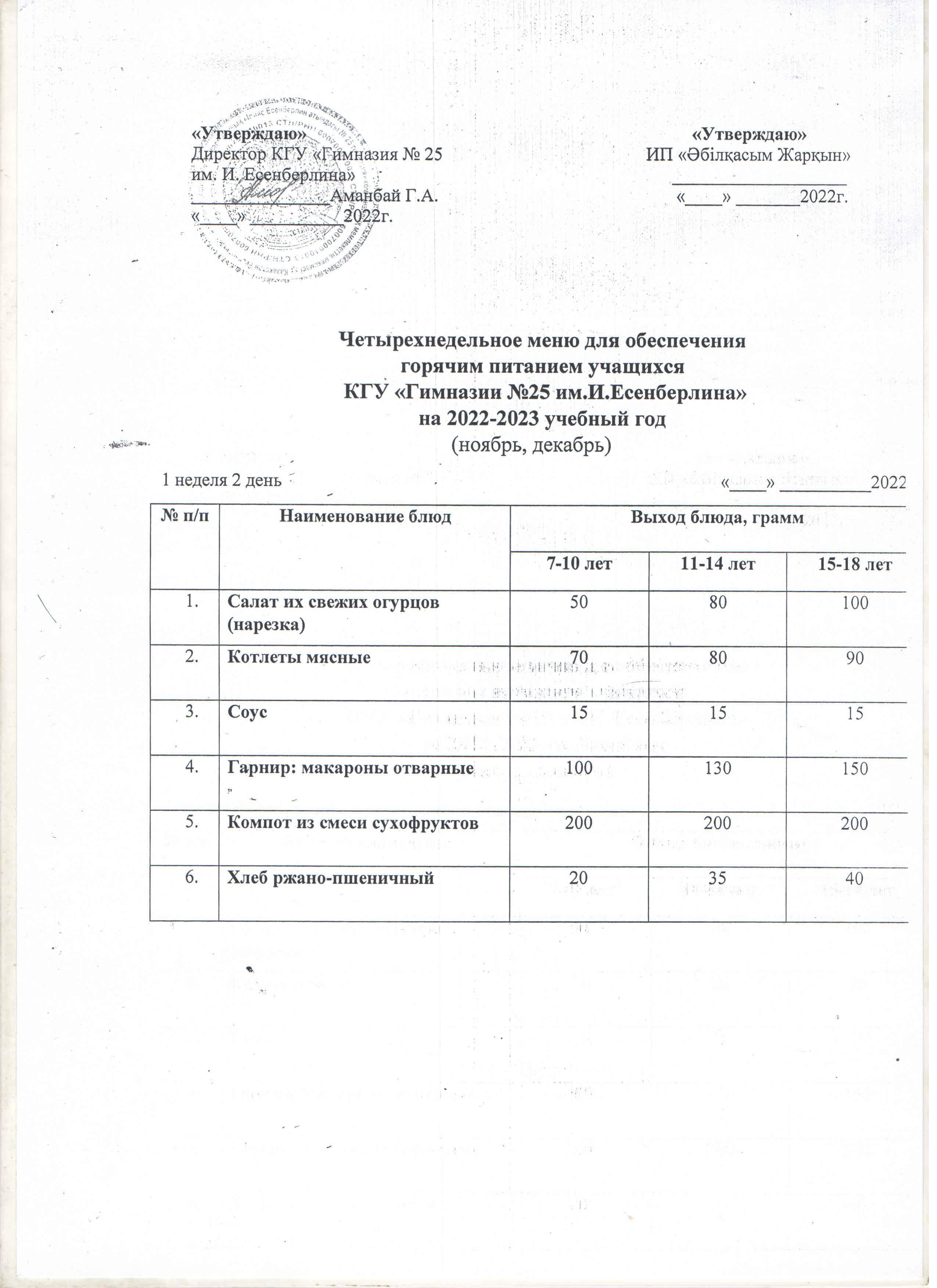 2022-2023 оқу жылына оқушылардың тегін ыстық тамағын ұйымдастыруға арналған тағамдар мәзірі/ Меню блюд для организации бесплатного горячего питания учащихся на 2022-2023 учебный год