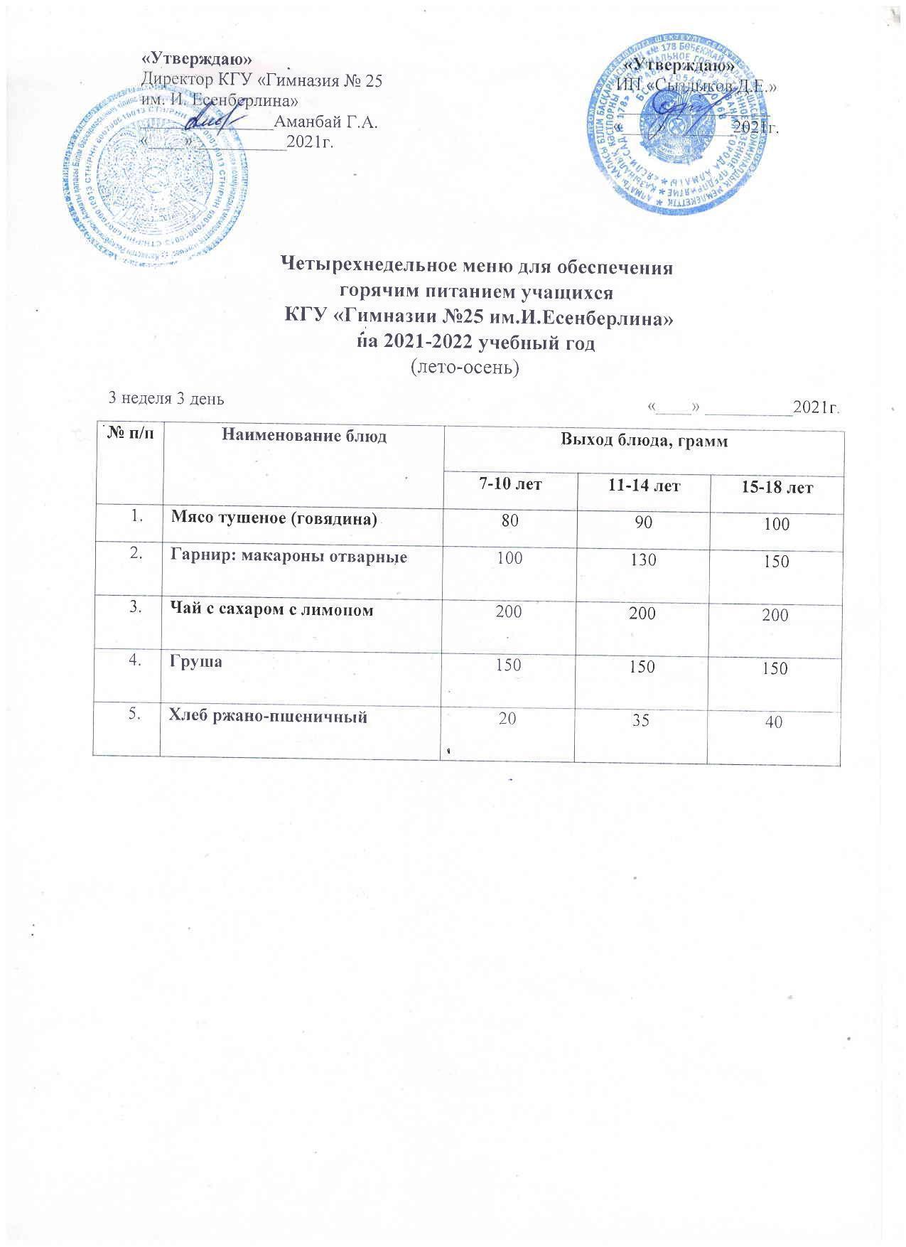 Меню 3 неделя 3 день
