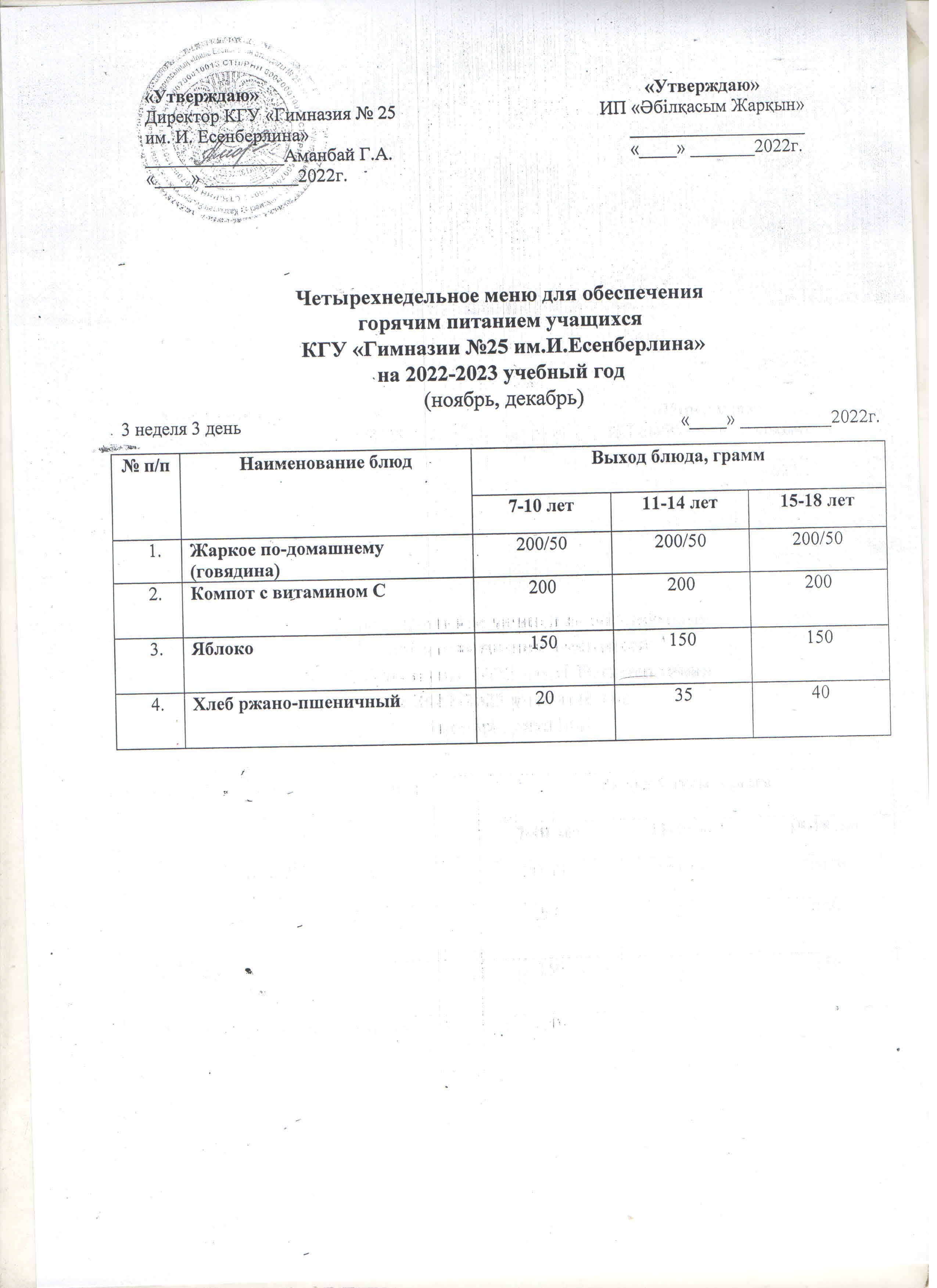 2022-2023 оқу жылына оқушылардың тегін ыстық тамағын ұйымдастыруға арналған тағамдар мәзірі/Меню блюд для организации бесплатного горячего питания учащихся на 2022-2023 учебный год